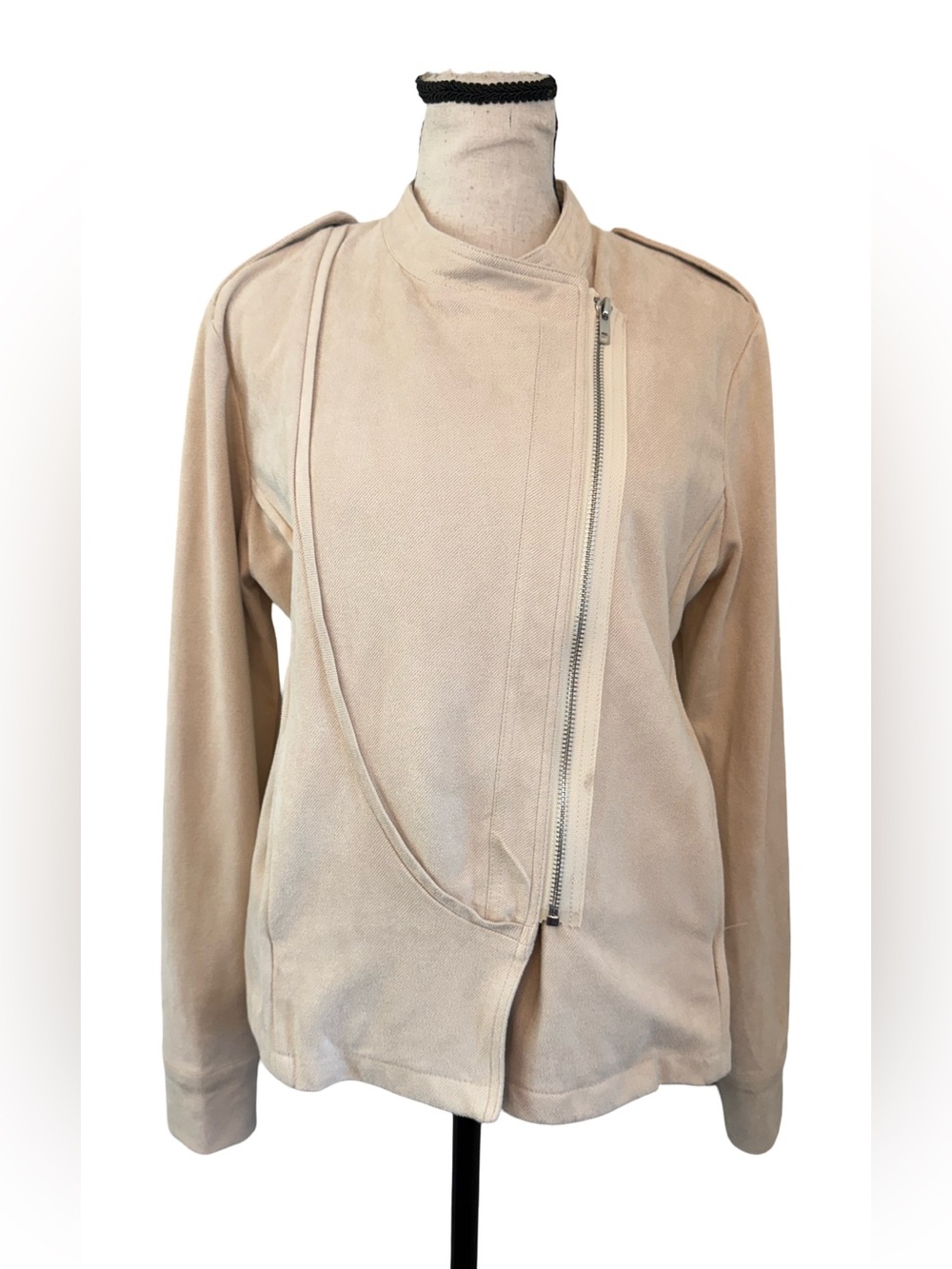 Paper Crane Cream Asymmetrical Moto Jacket Zip Front Epaulets Small